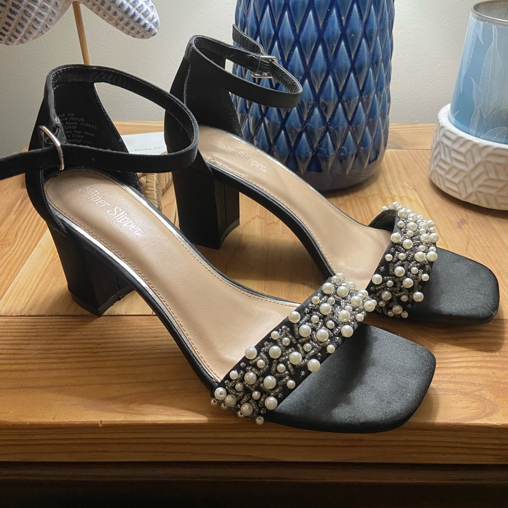 Black Satin Heels with Pearl Embellishments